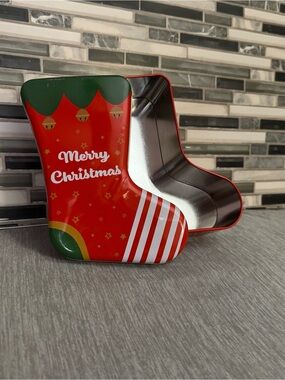 Festive Merry Christmas Stocking Shaped Holiday Treat Decor Tin